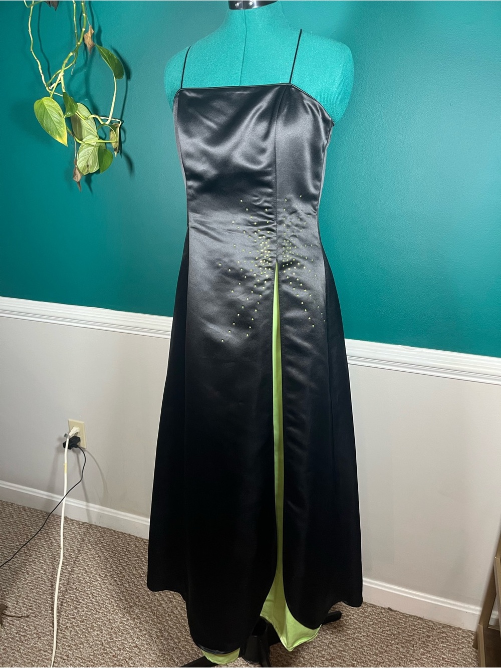 Black Satin Evening Dress with Lime Green gems & Lining